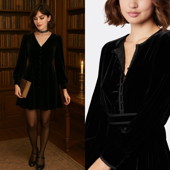 NWT Joie Velvet Mini Dress Renata  Romantic Dark Academia Goth Wednesday XS 00 - Picture 1 of 13